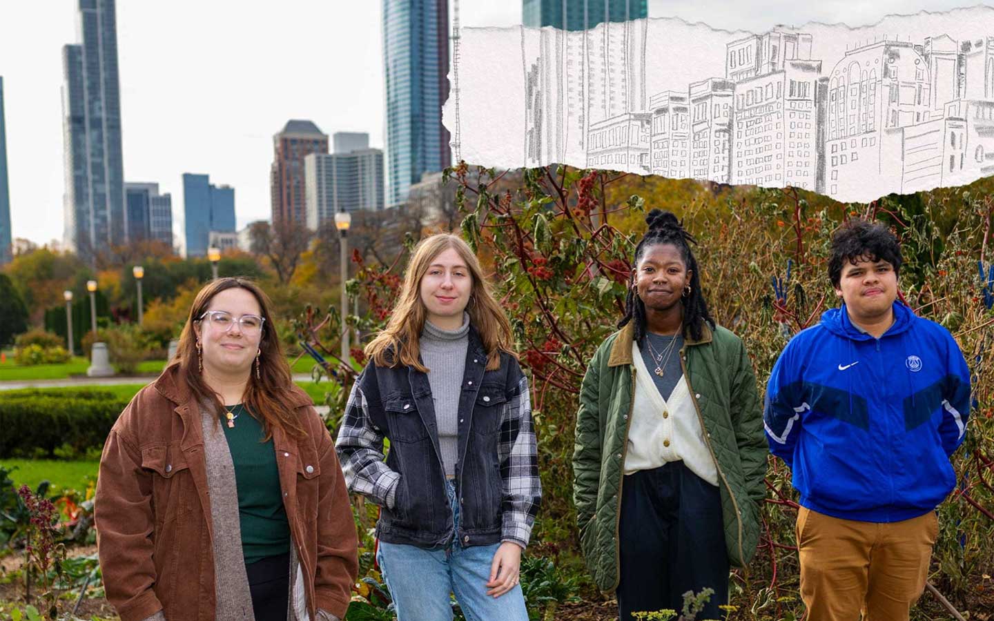 Honors Program students stand in Grant Park with a partially illustrated Chicago skyline behind them