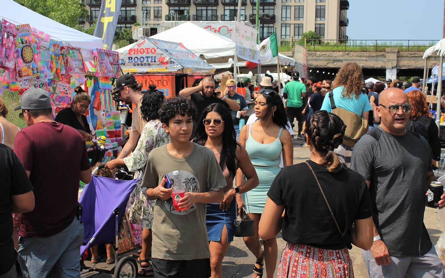 A group of festival participants in Pilsen on a sunny day