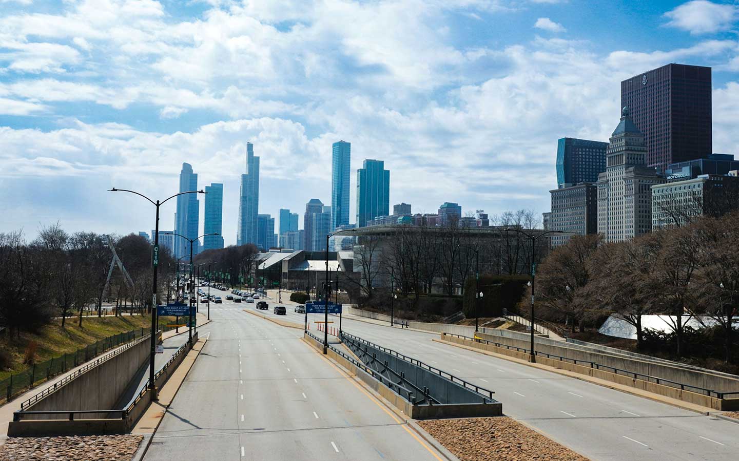A photo of the roads east of the south loop downtown area with the skyline in the background