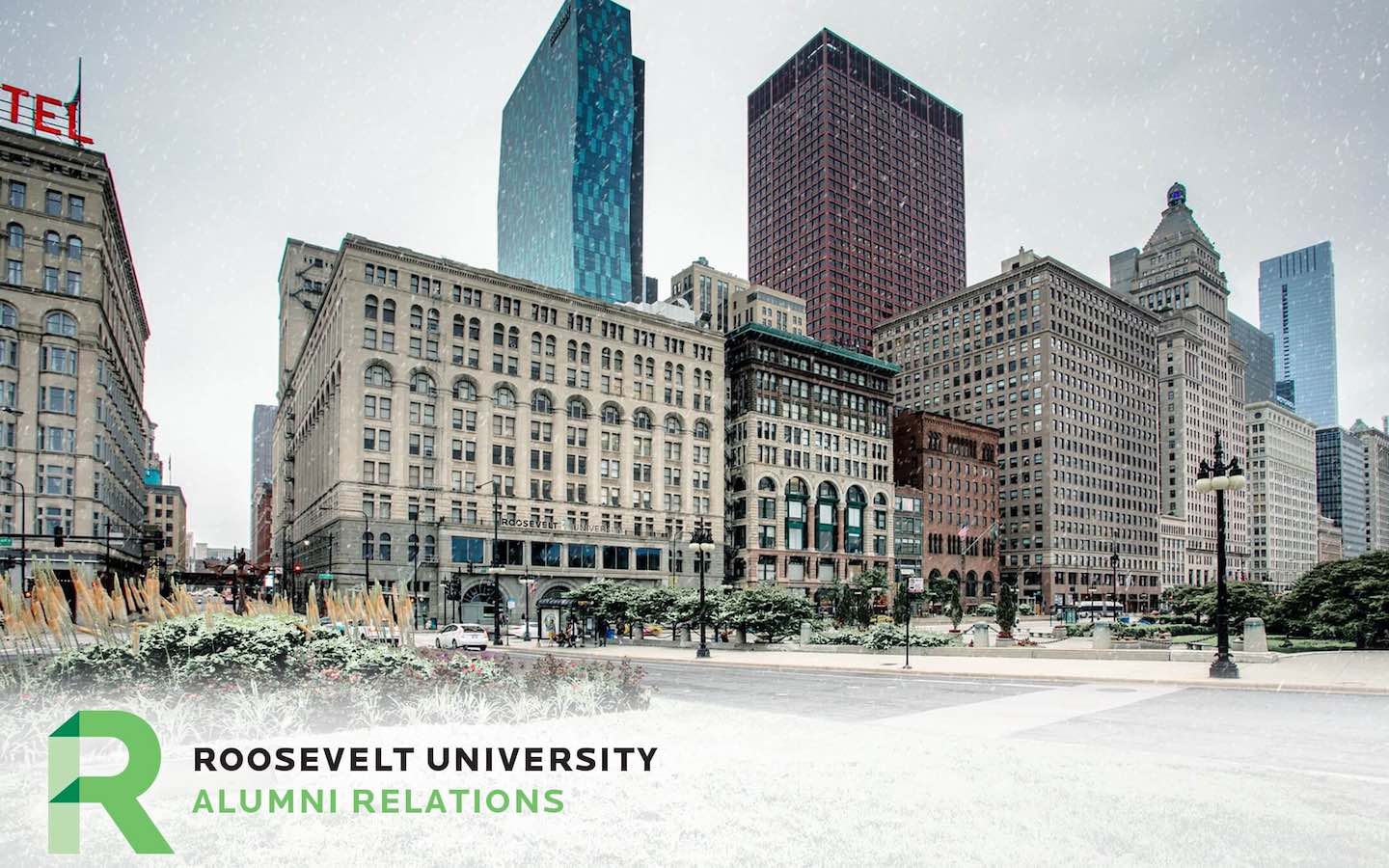 Michigan Avenue and Roosevelt University in the snow