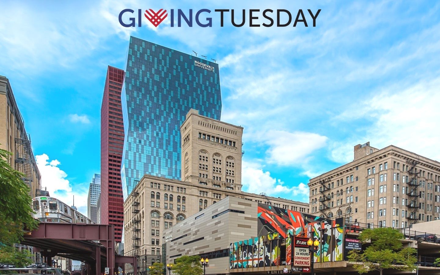 Wabash Building and Auditorium Building from the south, with the text GivingTuesday