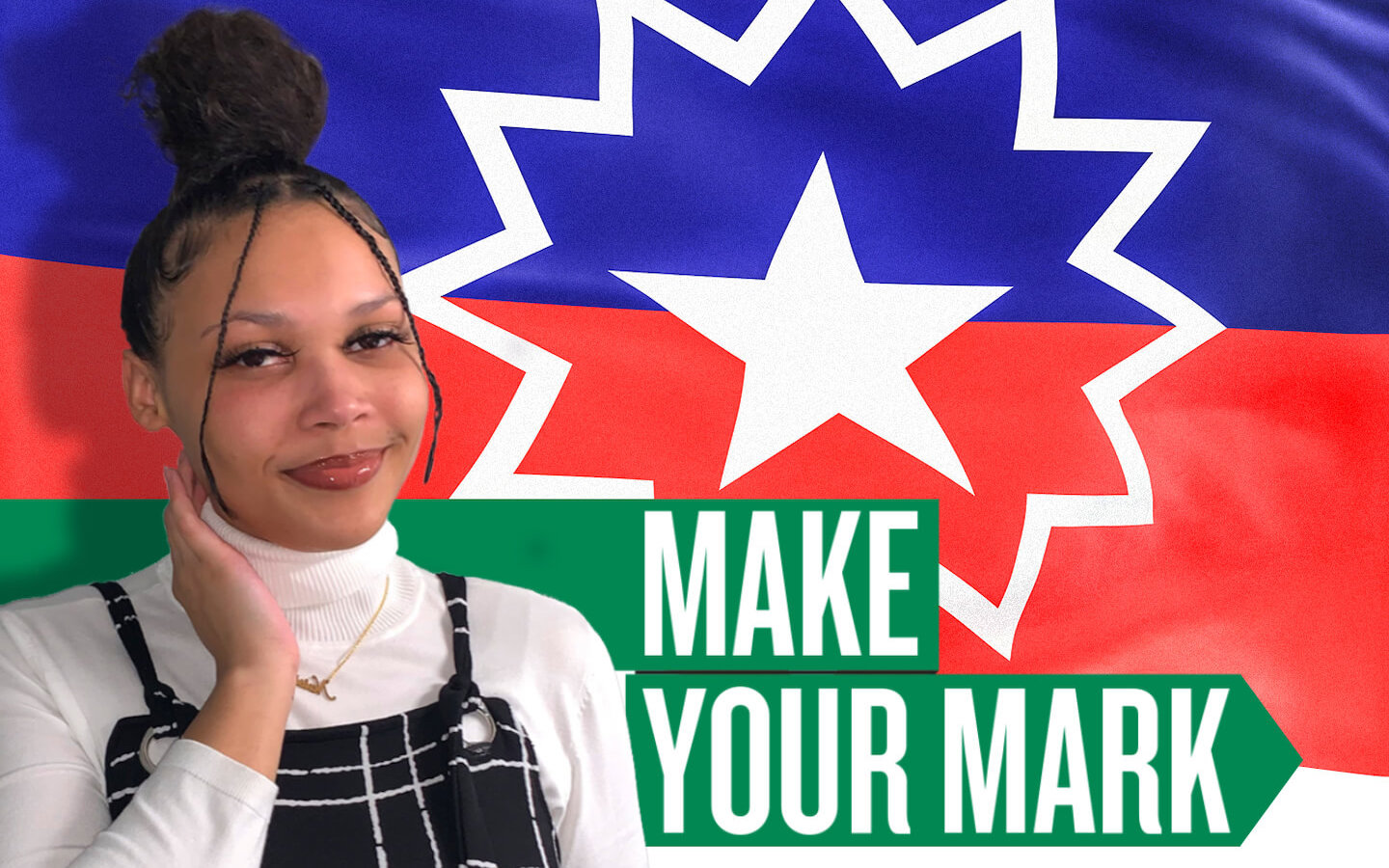 Roosevelt University student Mikaylah Anderson in front of Juneteenth flag