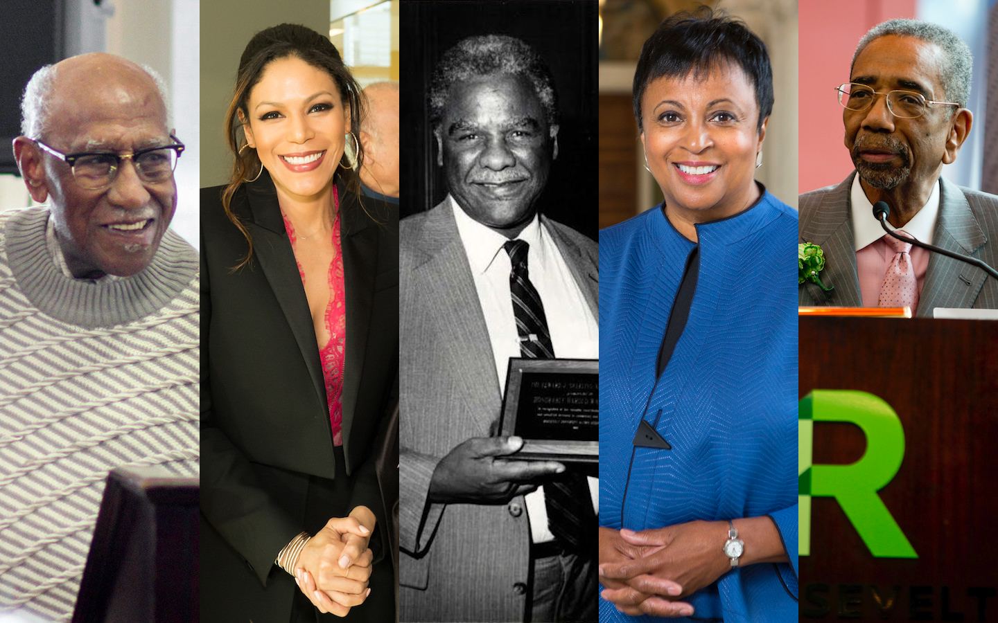 Roosevelt alumni, from left: Timuel Black, Merle Dandridge, Harold Washington, Carla Hayden, Bobby Rush