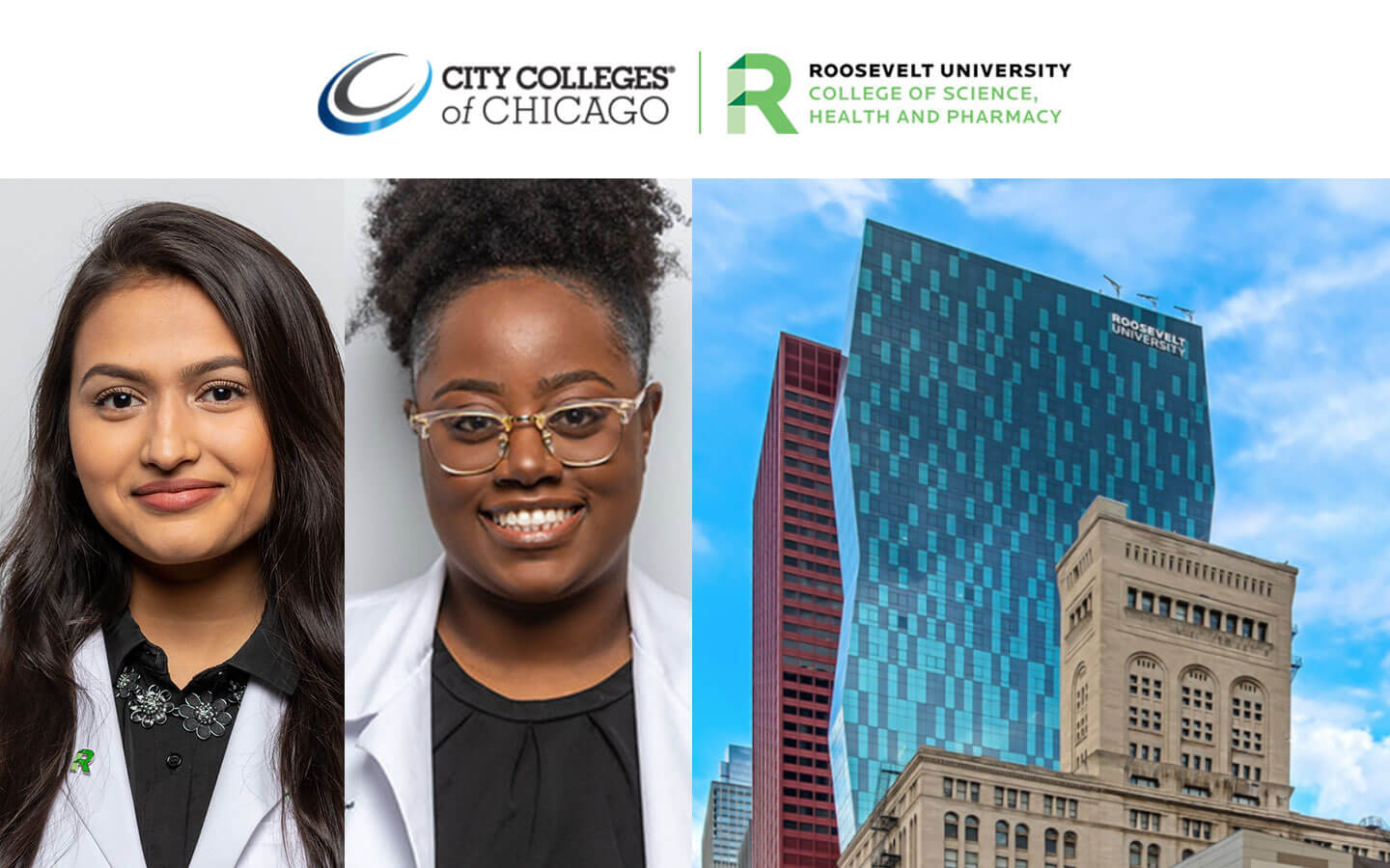 Two Roosevelt pharmacy students next to the Roosevelt Wabash Building