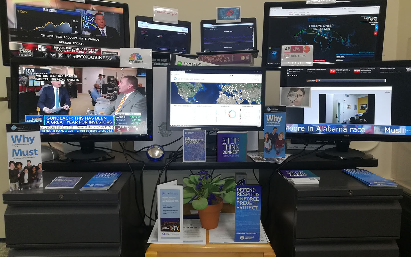 Multiple compute monitors and laptops with data analysis and news displayed on the screens