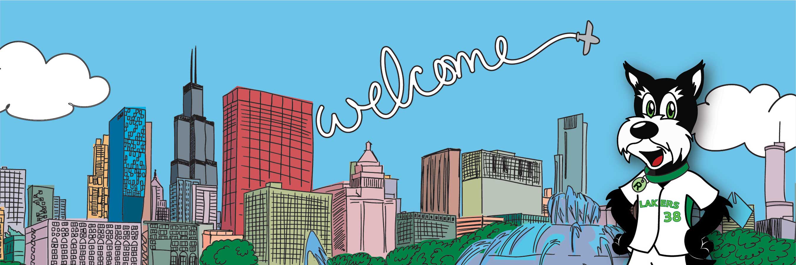 An illustration of Fala teh Laker standing in front of the Chicago skyline, while a plane skywrites "Welcome" in the background