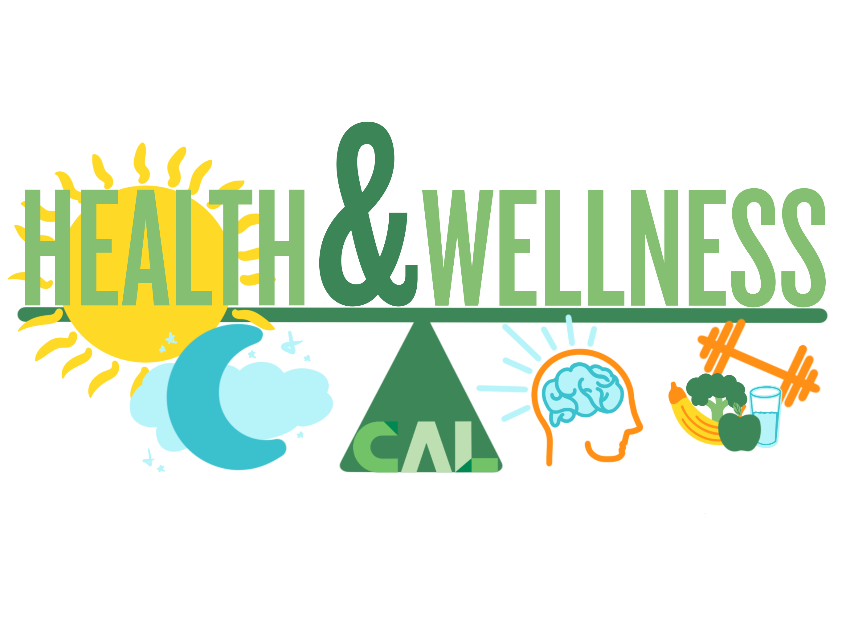 The words Health & Wellness diplayed with icons of sun, moon, weights & human mind