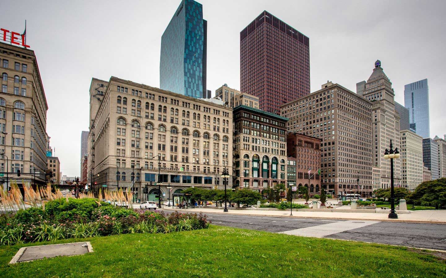 Landscape, Summer, Chicago campus, Cityscape view of Auditorium building and Wabash building from across Michigan Avenue in Grant Park