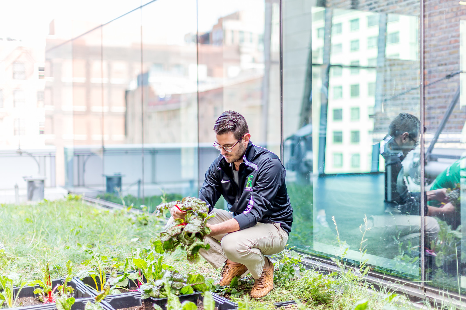 Staff member Jared Fritz-McCarty works in the green roof garden