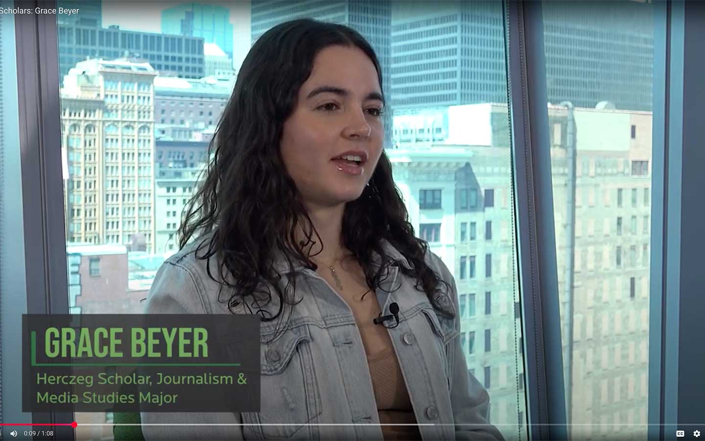 Video still from interview with Herczeg Scholar and Journalism & Media Studies major Grace Beyer