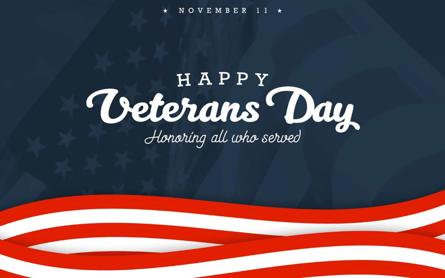 Red, White, and Blue background graphic, displaying the words in white, November 11, 2025, Happy Veterans Day, Honoring those that severed.