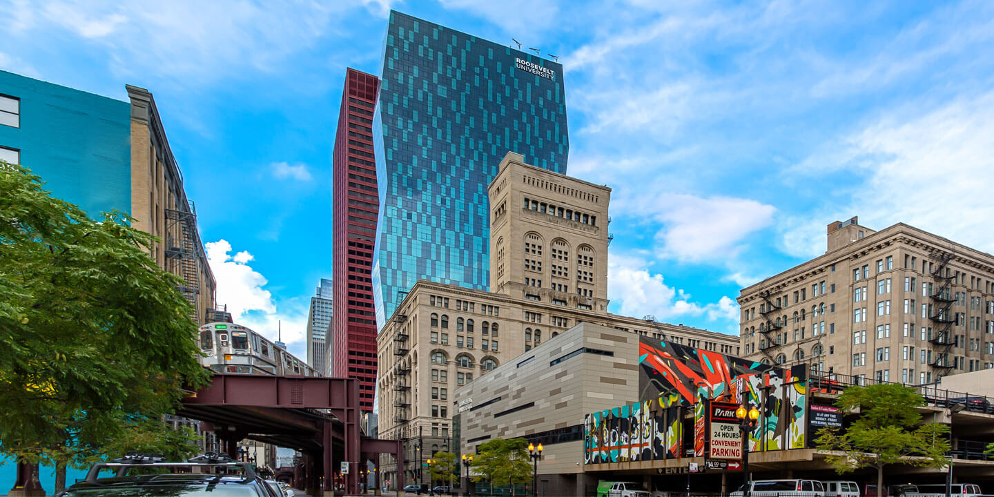Auditorium and Wabash buildings from the south