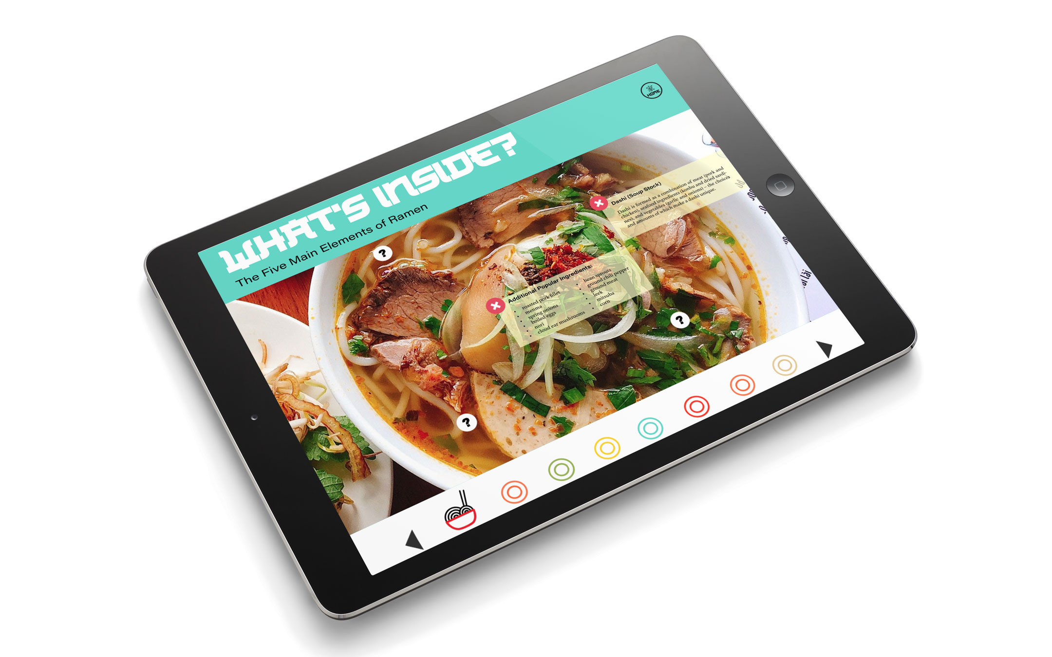 A rendering of a tablet screen graphic explaining ramen ingredients