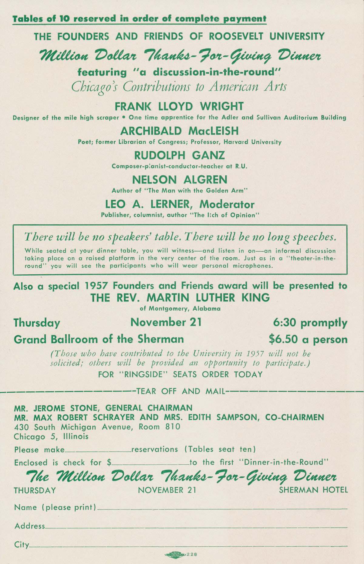 Ad for the 1957 dinner where Martin Luther King, Jr. was presented with the Roosevelt University Founders and Friends Award.