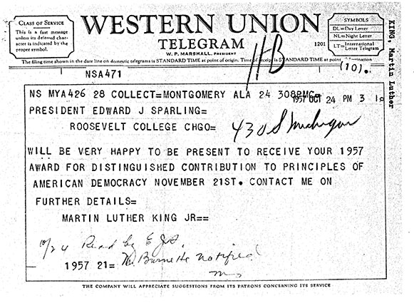 Telegram from Martin Luther King, Jr. to Roosevelt University confirming his acceptance of the award.