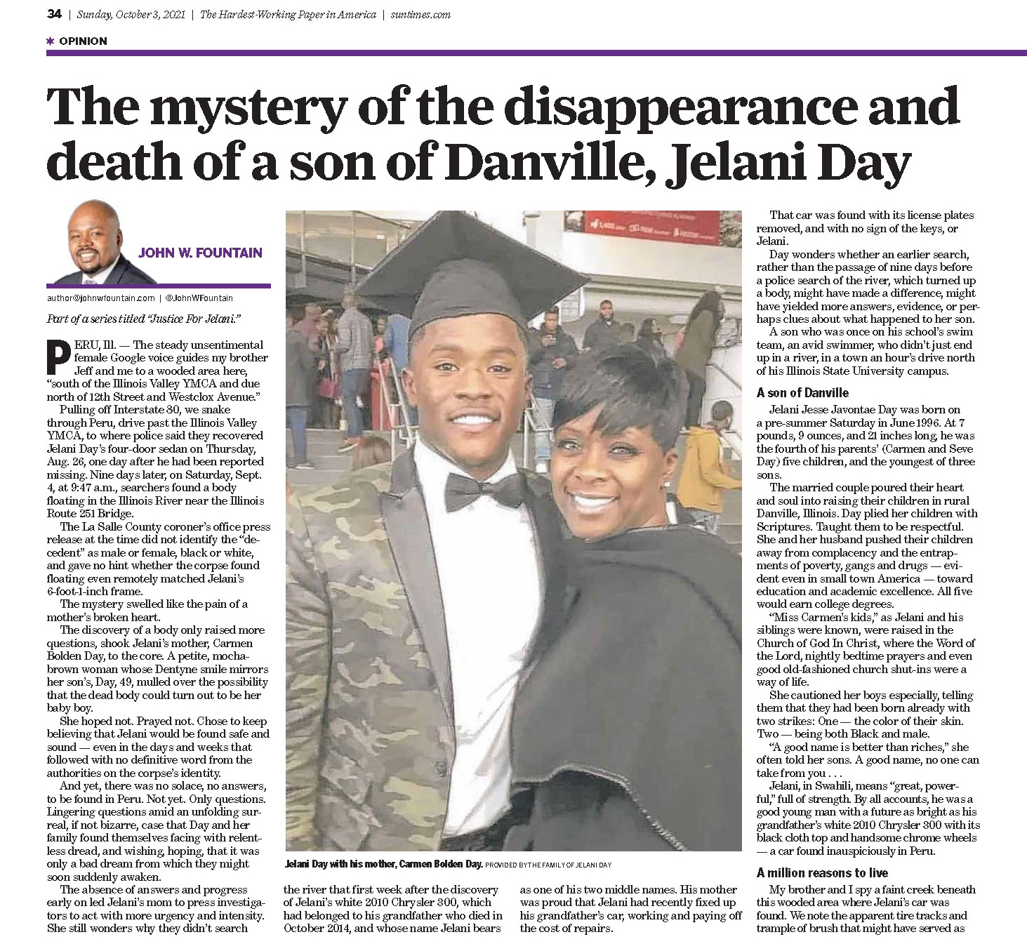 Professor Fountain dedicated his column to a series of stories about the mysterious disappearance and death of college student Jelani Day.