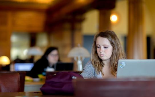 Student working on laptop in Roosevelt library