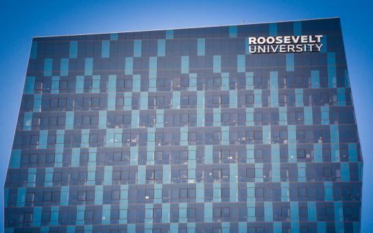Close up of photo of the top of the Roosevelt wabash building