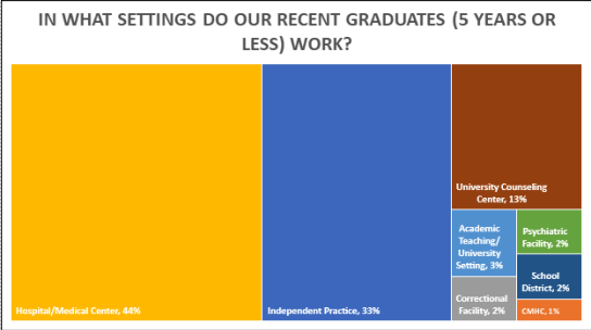 Our recent grads work: Hospital/Medical Center: 44%; Independent practice: 33%; University Counseling Center: 13%; Academic Teaching: 3%; Correctional Facility: 2%; Psychiatric Facility: 2%; School District: 2%; CMHC: 1%