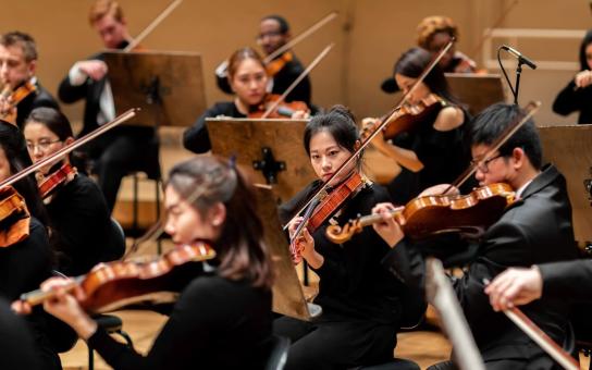 String orchestra focused on violins performing in a concert hall