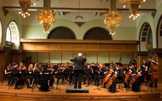 Small strings orchestra performing on stage