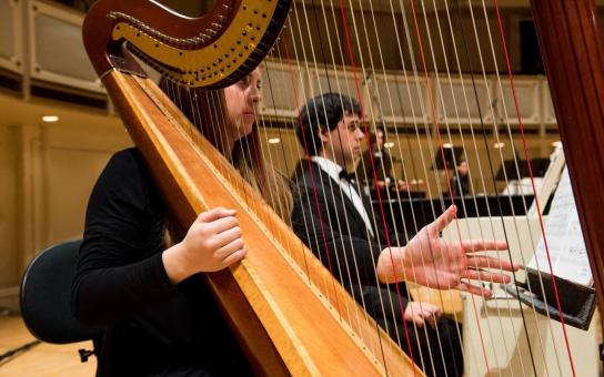 Harpist waiting to play the next set of notes