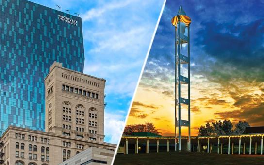 split-screen of Wabash and AUD buildings on left, Schaumburg torch on right