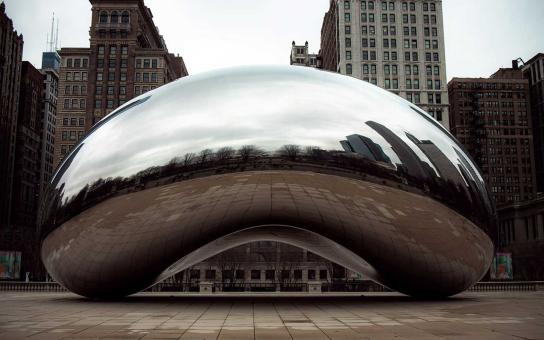 Cloud Gate, also known as the Bean which is shaped like a bean that reflects the Chicago skyline.
