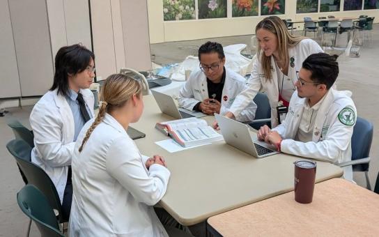 Students seated a table in a pharmacy classroom lab, looking at an open book being referenced by a faculty member in a small training session.