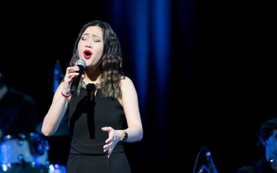 Jazz vocalist performing on stage under spotlight