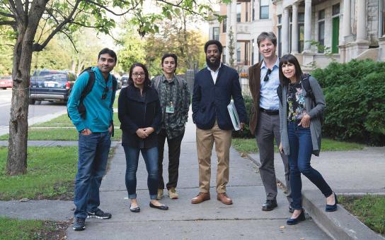 In Chicago’s North Lawndale: Roosevelt accounting student Bajesh Punjwani, Mansfield’s Lyly Harrington, Roosevelt sociology students Edgar Moreno and Shanti Brown, Roosevelt professor Edward Green and Mansfield’s Nancy Michaels.