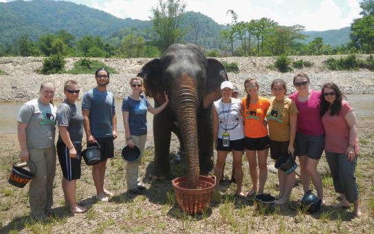 Students with elephant on exchange trip