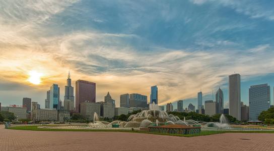 Chicago skyline at sunset from Buckingham fountain