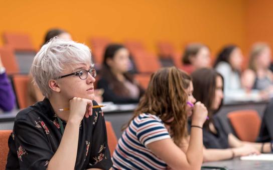 students listening to a lecture in a Wabash Building classroom